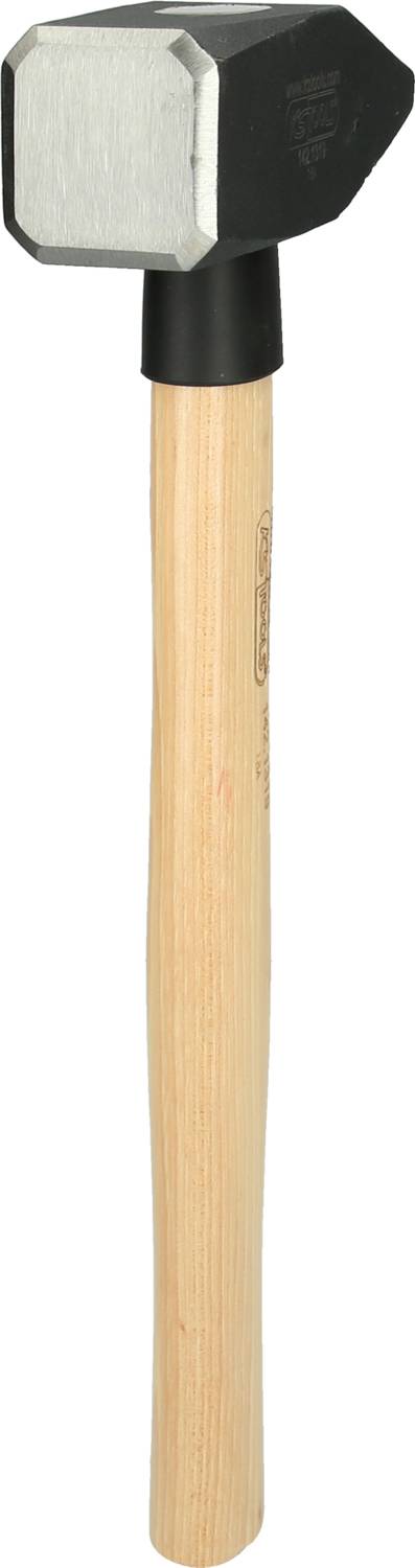 Ein Vorschlaghammer mit langem Holzgriff und rechteckigem Metallkopf, geeignet für schwere Arbeiten wie Zerstörung oder Bauarbeiten.