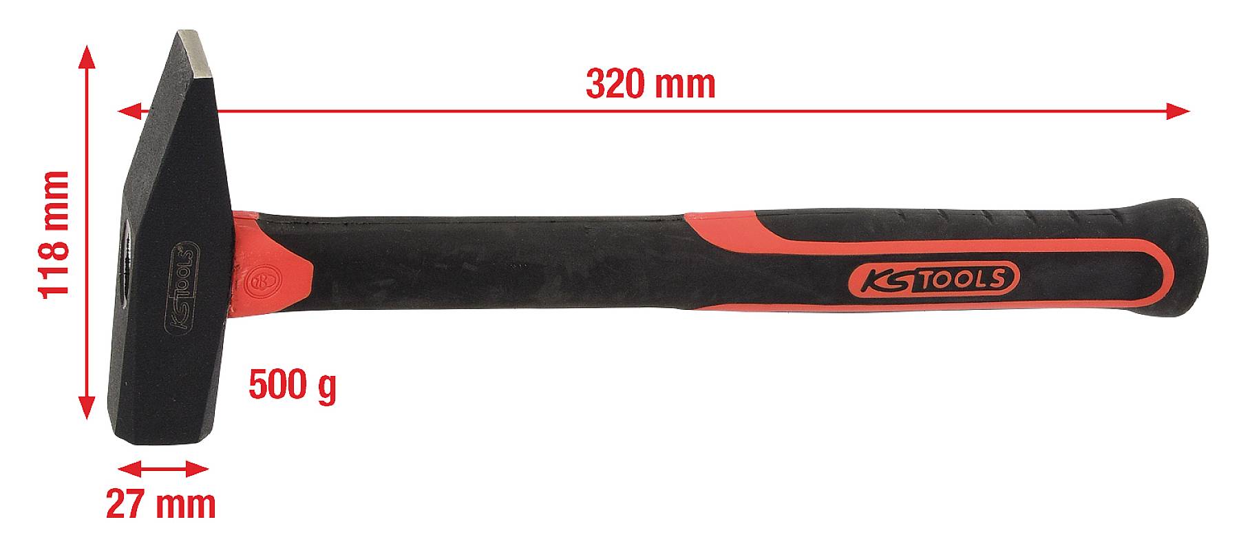 'Schlosserhammer' mit Kunststoffgriff, Gewicht 500 g, Länge 320 mm, Kopfbreite 27 mm, Kopfhöhe 118 mm. Geeignet für Handwerk.
