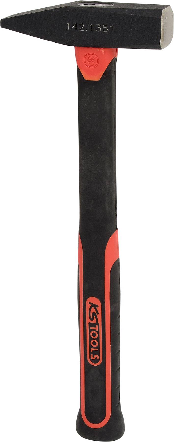Ein Hammer mit schwarzem Griff und roten Akzenten, Marke 'KS Tools', und der Nummer '142.1351' auf der Schlagfläche.