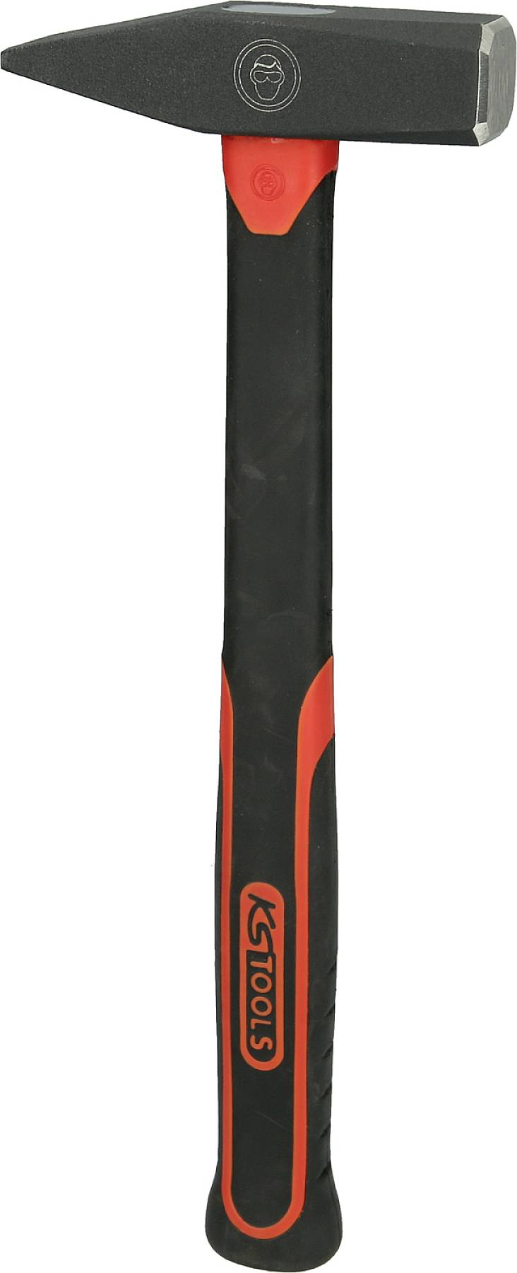 Ein schwarzer und roter Hammer mit gummiertem Griff, geeignet für allgemeine Bau- und Reparaturarbeiten.