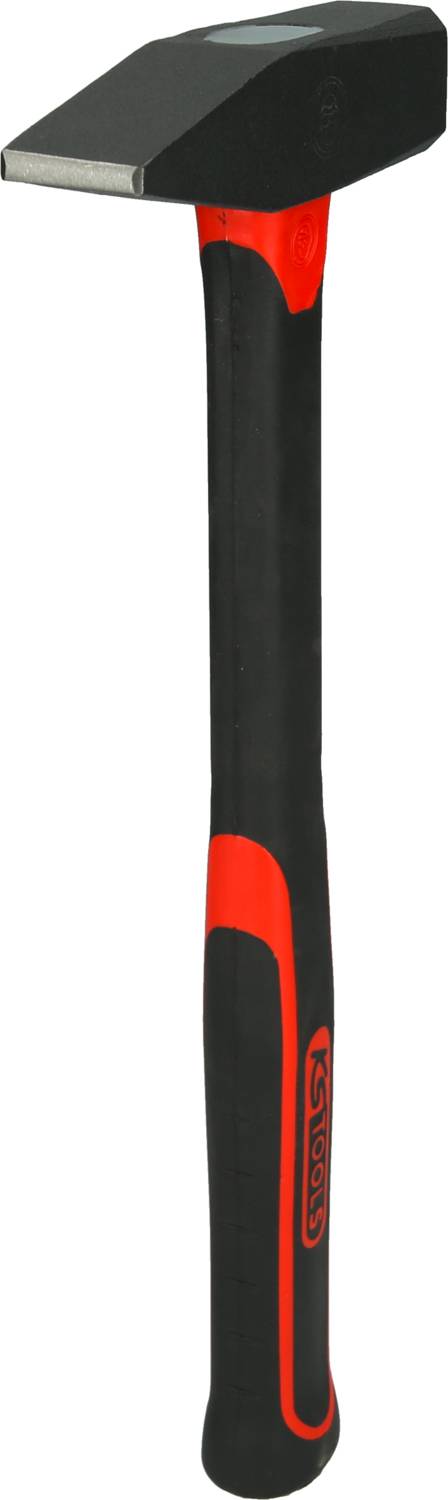 Ein Hammer mit einem schwarz-roten Griff und quadratischem Kopf, geeignet für Bau- oder Reparaturarbeiten.