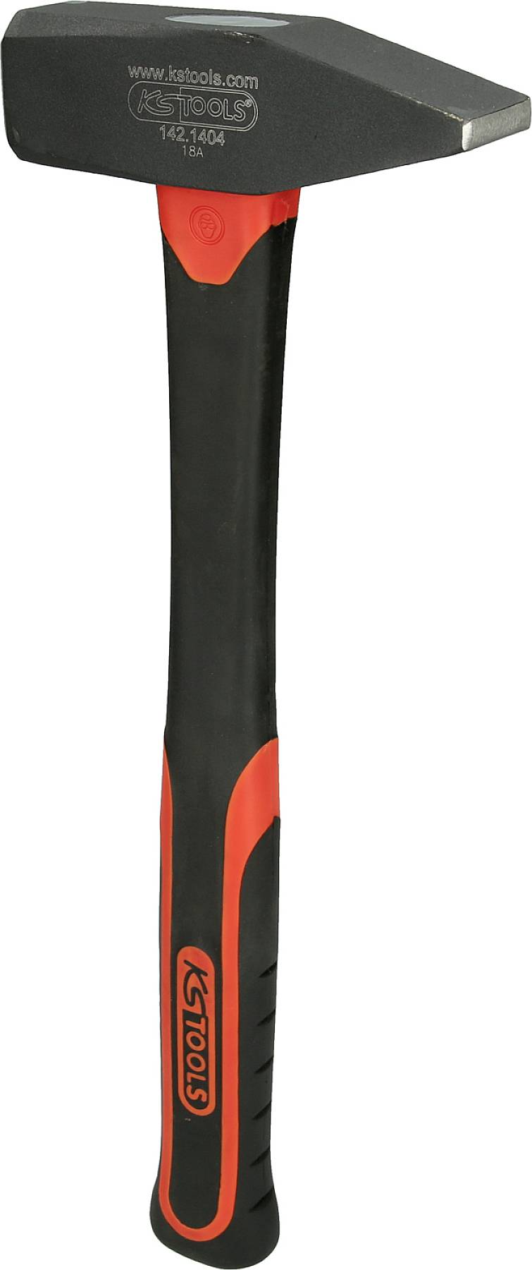 Ein Hammer mit rotem und schwarzem Griff, geeignet für Bau- oder Reparaturarbeiten. Der Kopf besteht aus Metall.