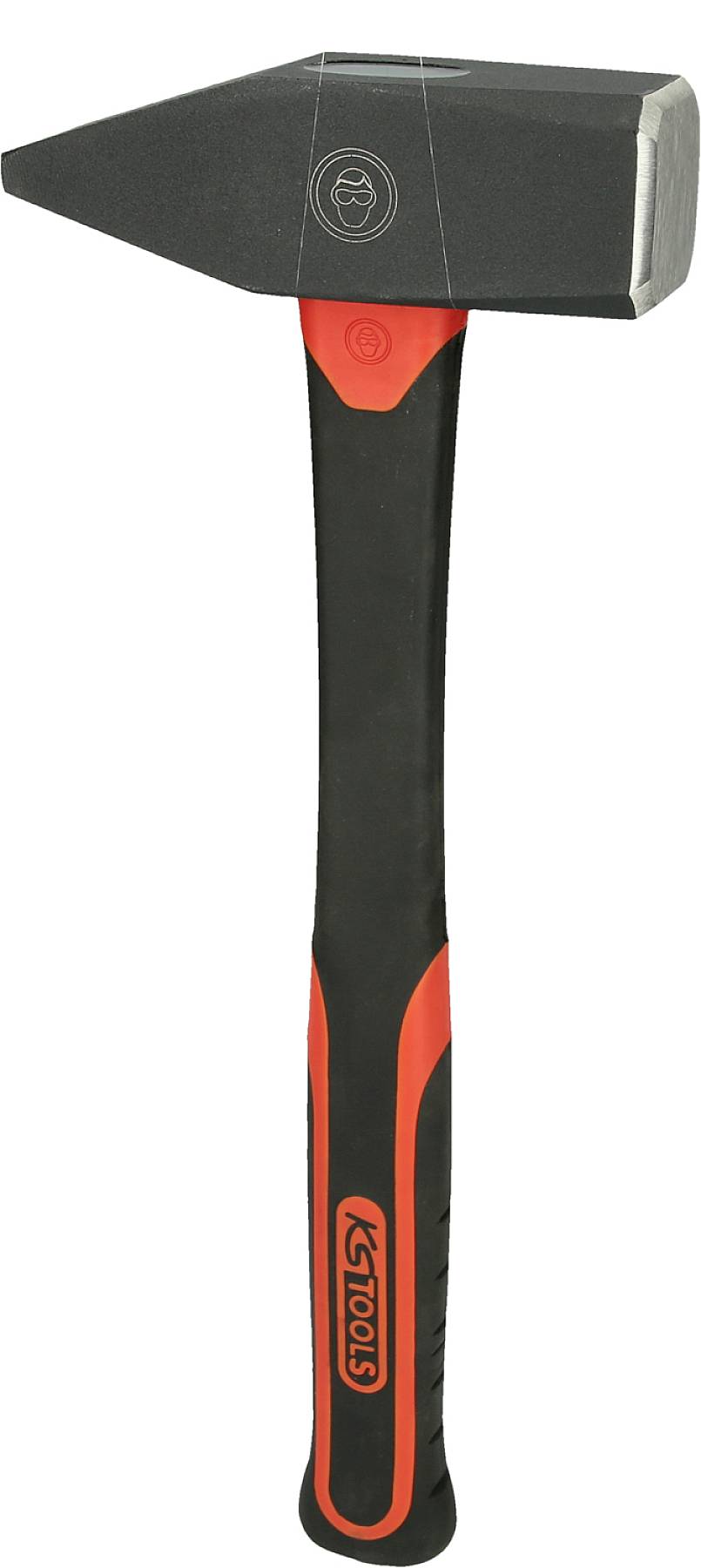 Ein schwarzer und roter Hammer mit eckigem Kopf und rutschfestem Griff, geeignet für schwere Arbeiten und präzises Zuschlagen.