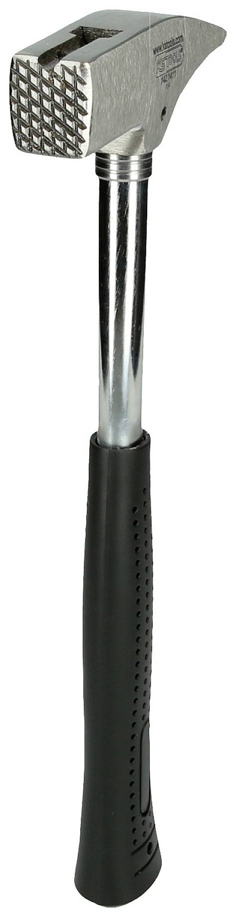 Ein Fleischklopfer mit einem geriffelten Metallkopf und einem schwarzen Griff.