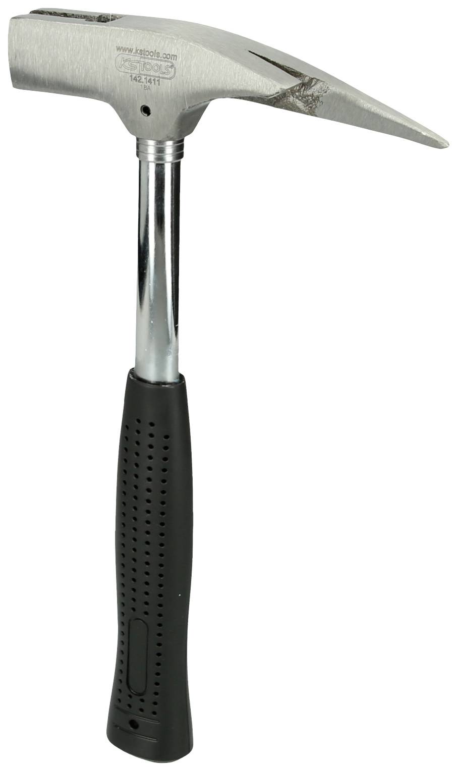 Ein Metallhammer mit schwarzem Griff, spitzer Schlagkopf und stumpfer Schlagfläche, geeignet für Präzisionsarbeiten und Nägelentfernung.