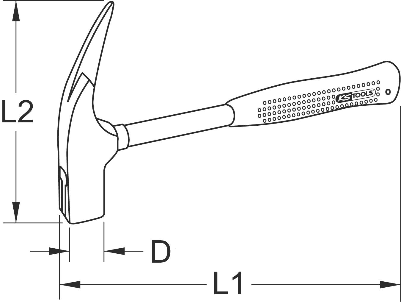 Ein Hammer mit gebogenem, gezahntem Kopf und ergonomischem Griff, daneben Maßangaben L1, L2 und D.