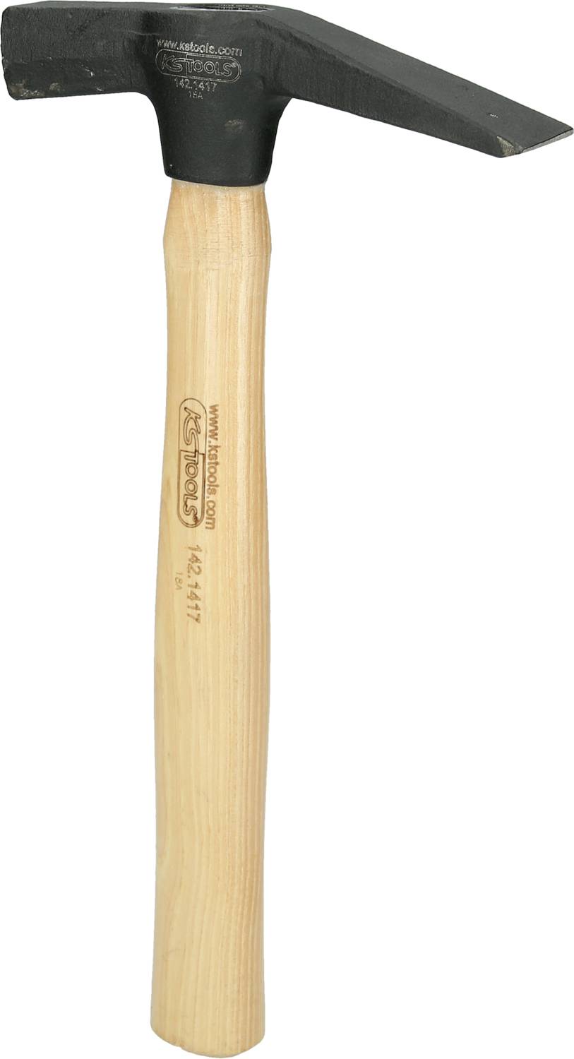 Hammer mit Holzgriff und schwarzem Metallkopf, hauptsächlich für Nägel gedacht. Der Griff zeigt das Logo eines Werkzeugherstellers.