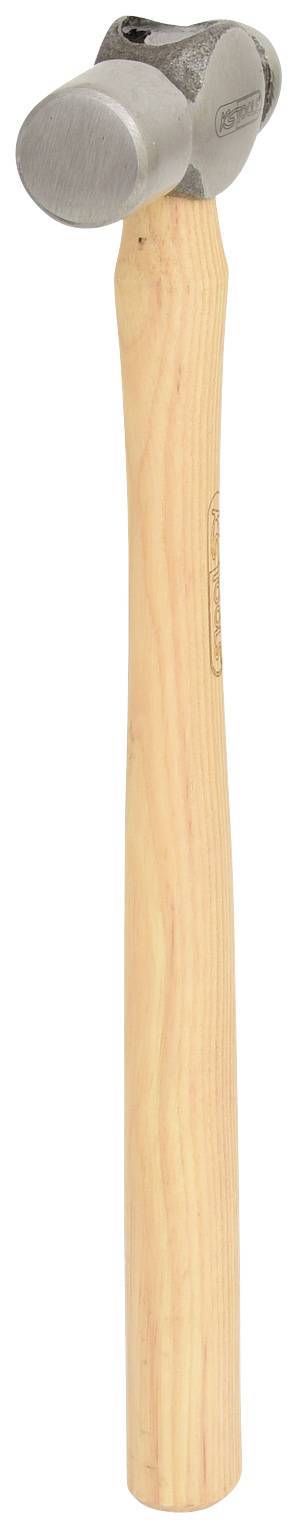 Ein Hammer mit rundem, silbernem Kopf und hellem Holzstiel.