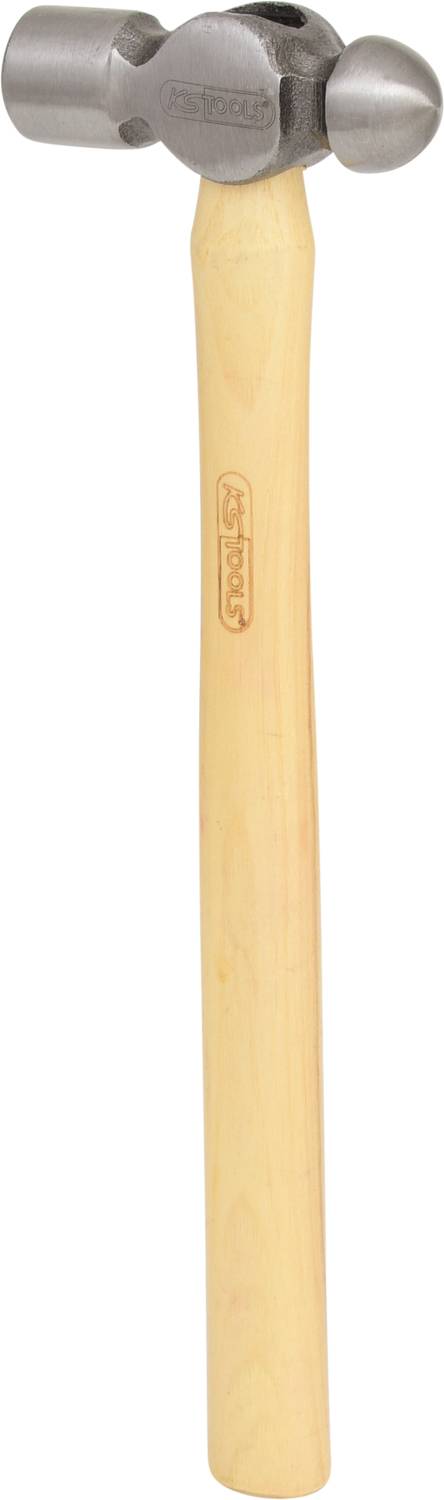 'Rundkopfhammer mit Holzgriff', zeigt einen Hammer mit rundem Kopf und glattem Holzgriff. Geeignet für Metallarbeiten.