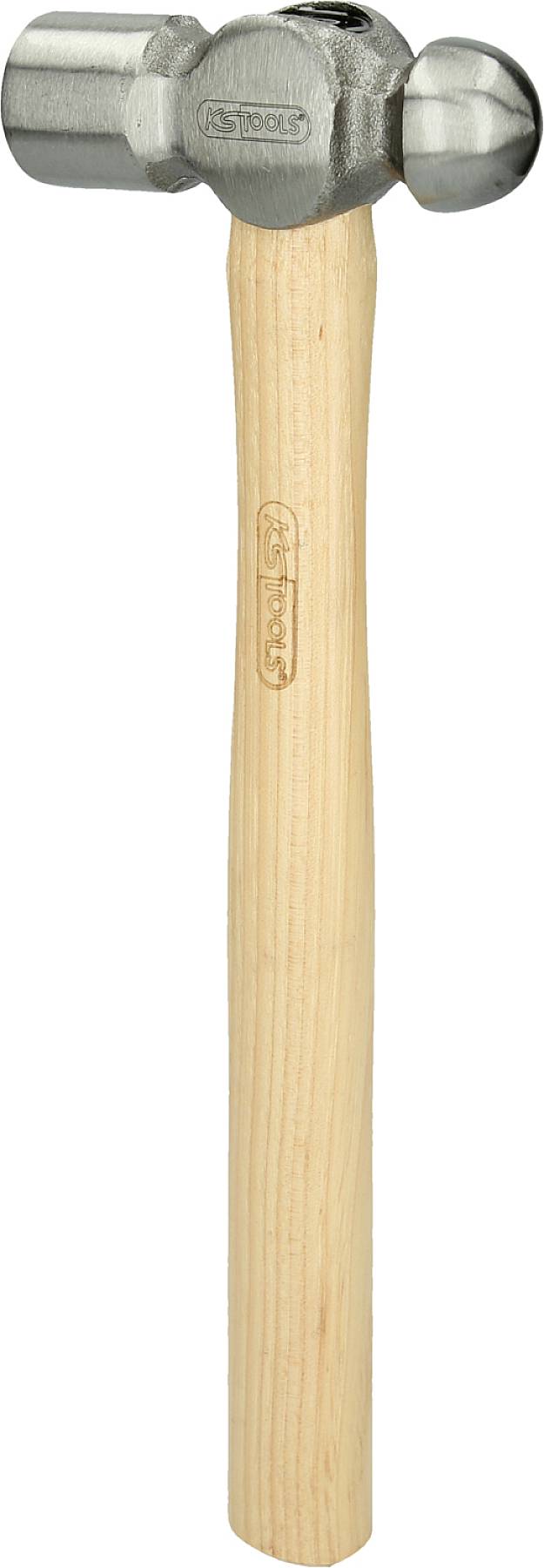 Ein Hammer mit einem runden, metallischen Kopf und einem hellen Holzgriff zeigt eine Standardkonstruktion eines Handwerkzeugs.