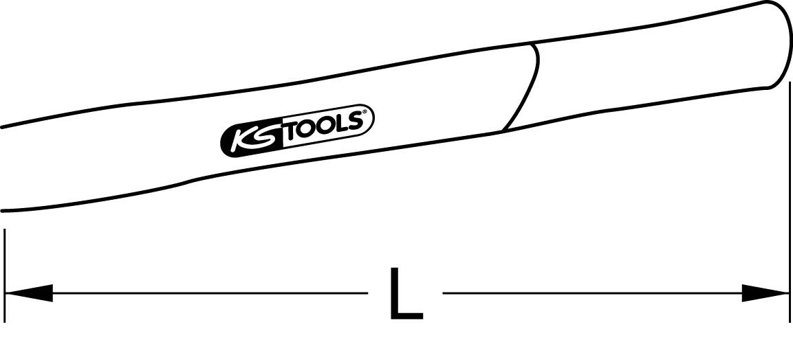 Technische Zeichnung eines Werkzeugs mit der Aufschrift KS TOOLS, Länge L markiert durch Pfeile auf beiden Seiten. Rechte Handseite leicht gebogen.