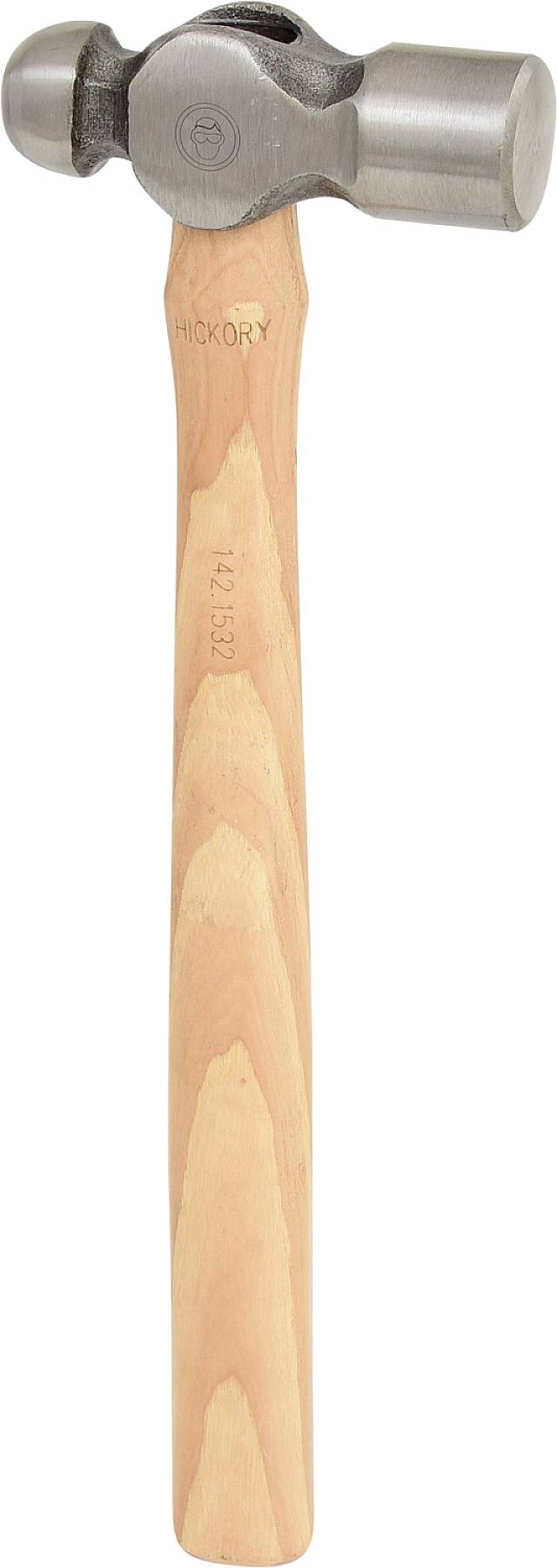 Ein runder Hammer mit einem hölzernen Griff, auf dem 'Hickory' steht. Hauptsächlich verwendet für Metallbearbeitung.