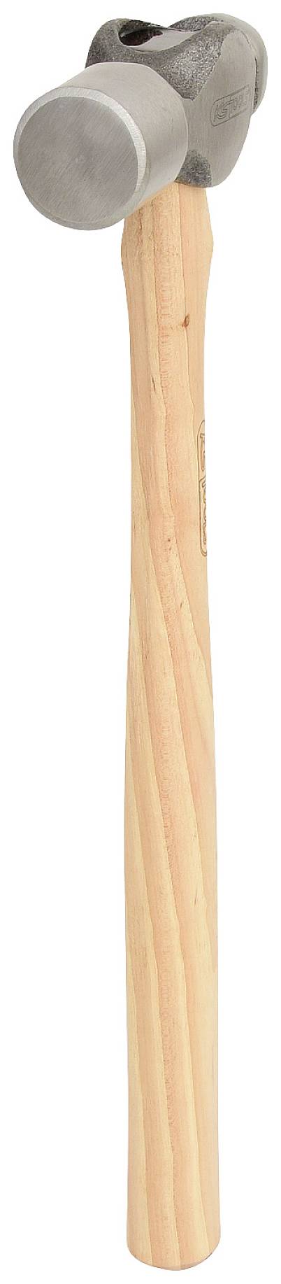 Ein Hammer mit Holzgriff und Metallkopf, vertikal ausgerichtet. Nutzung für handwerkliche Arbeiten.
