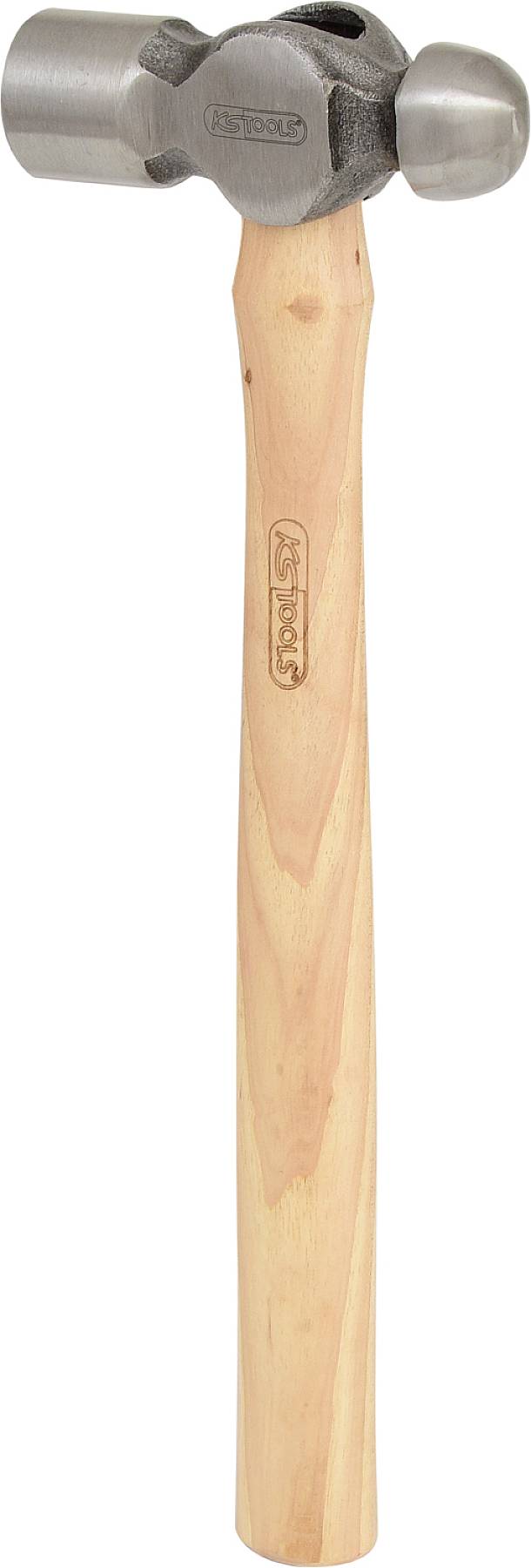 Ein Hammer mit Holzgriff und runden Metallköpfen auf beiden Seiten, geeignet für präzise Arbeiten. Markenname im Holz eingraviert.