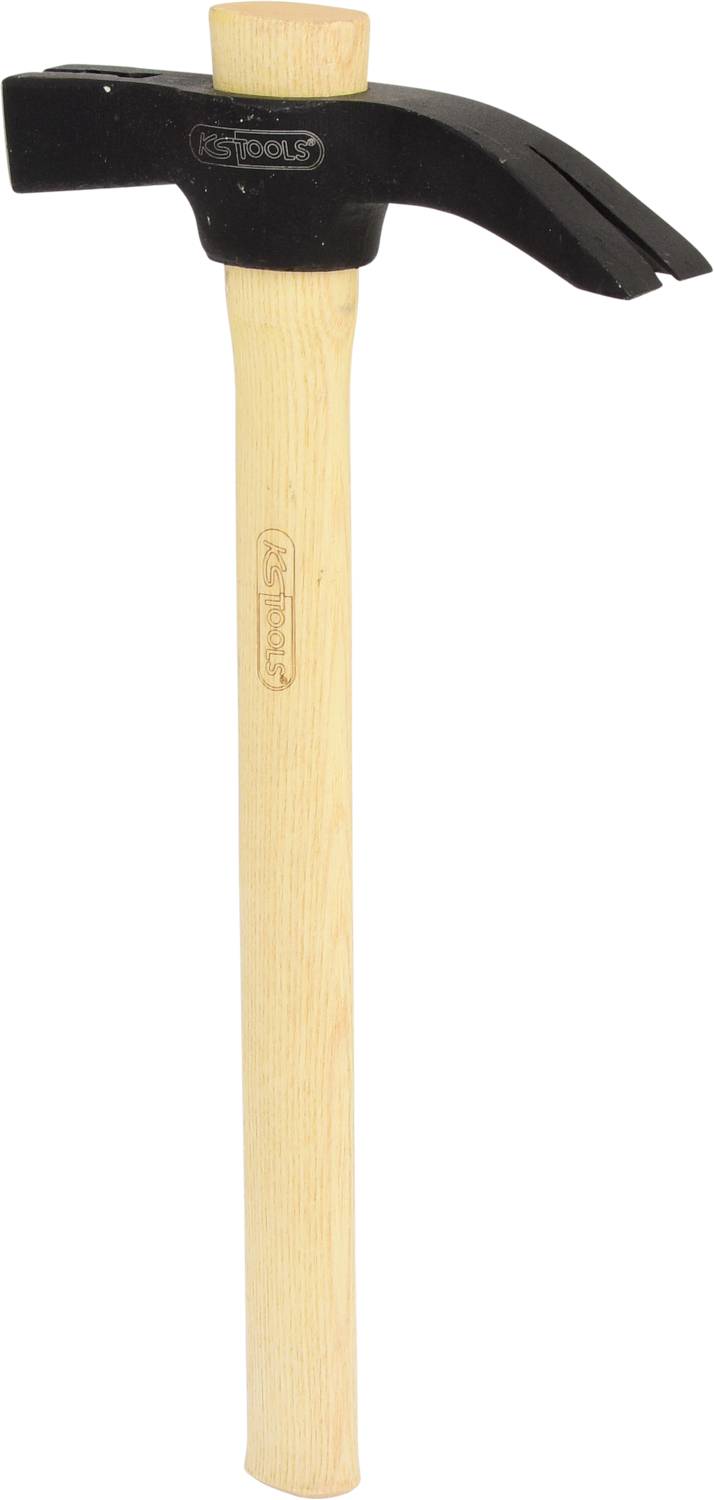 Hammer mit langem Holzgriff und schwarzem, flachem Kopf. Ideal zum Schlagen und Entfernen von Nägeln.