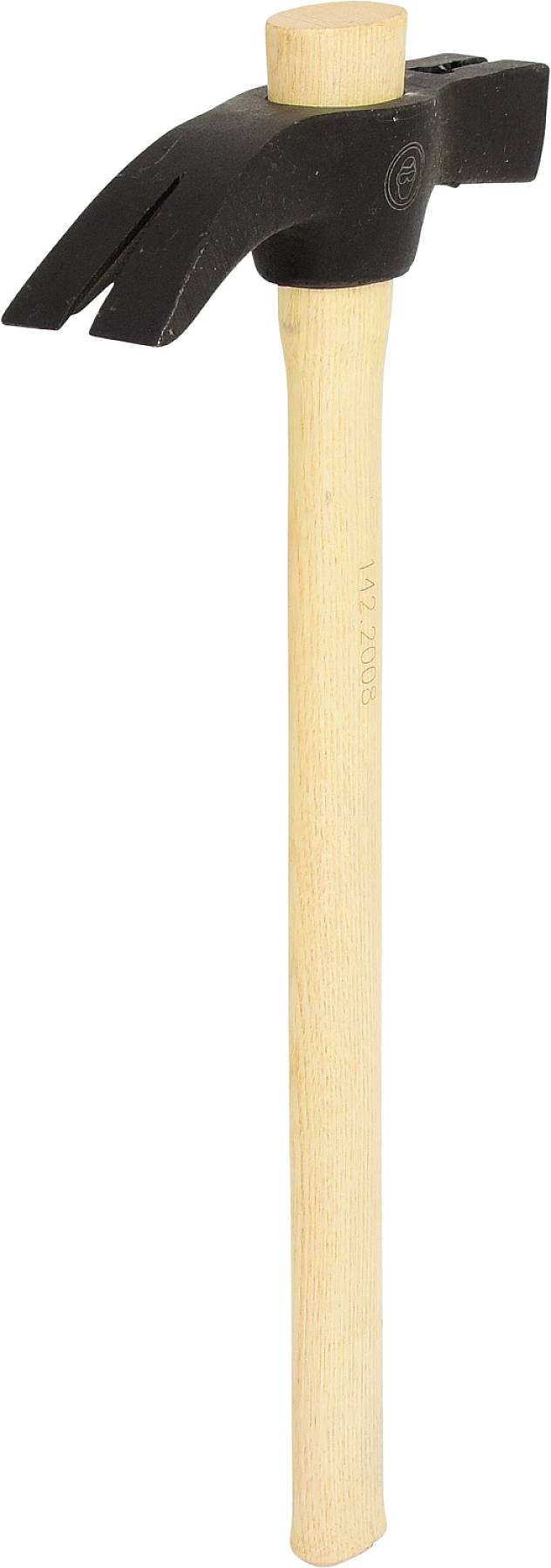 Ein Hammer mit Holzgriff und schwarzem Kopf, geeignet für Zimmerer- oder Bauarbeiten.