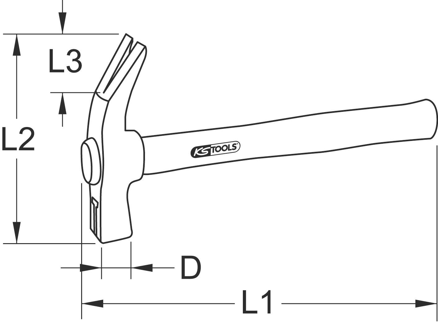 Zeichnung eines Hammers mit Abmessungen L1, L2, L3 und D, die Teile des Griffs und Kopfes definieren. KS Tools-Logo auf dem Griff.