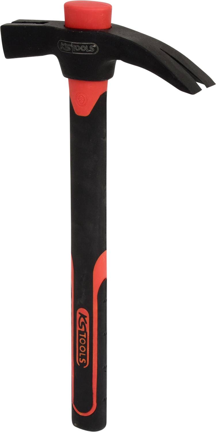 Ein schwarzer und roter Hammer mit einem Gummigriff und einer Klauenform zum Nagelziehen.