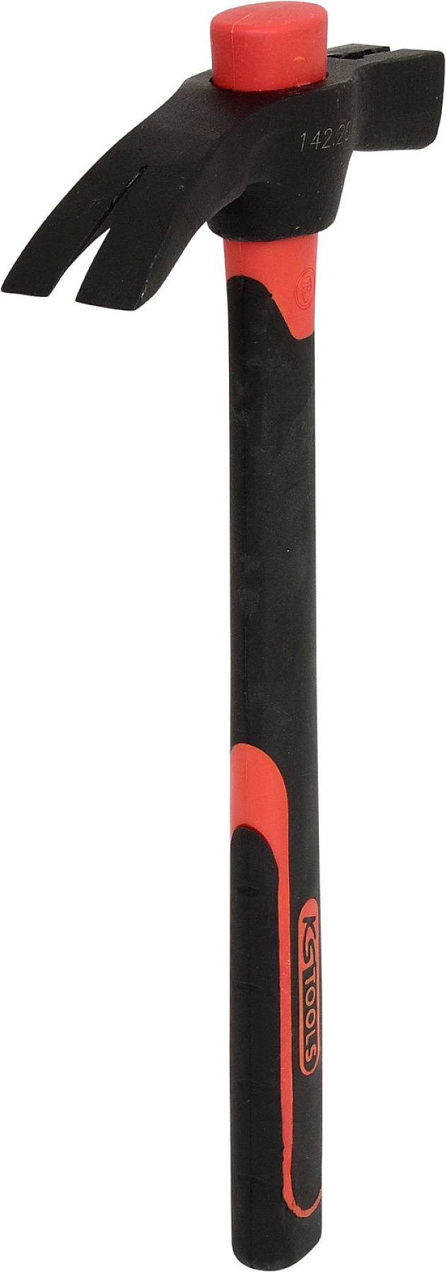 Ein schwarzer und roter Hammer mit Klauenhaube und ergonomischem Griff, geeignet zum Aufprallen auf Metalloberflächen und Nägelentfernung.