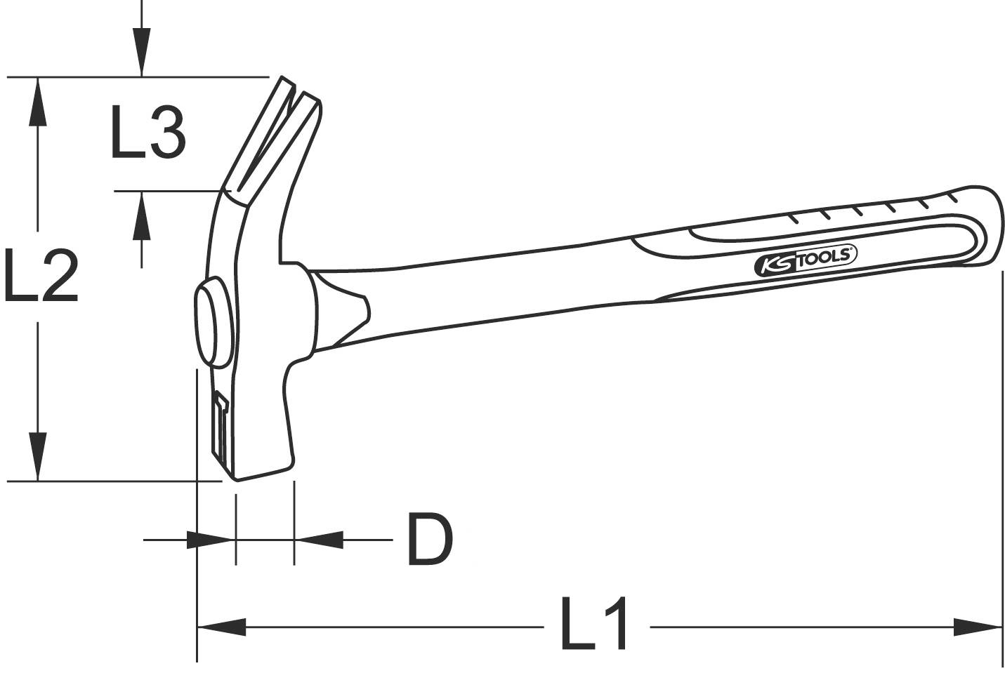 Technische Zeichnung eines Hammers mit Maßen L1, L2, L3 und D, Griff mit 'KS Tools'-Logo.