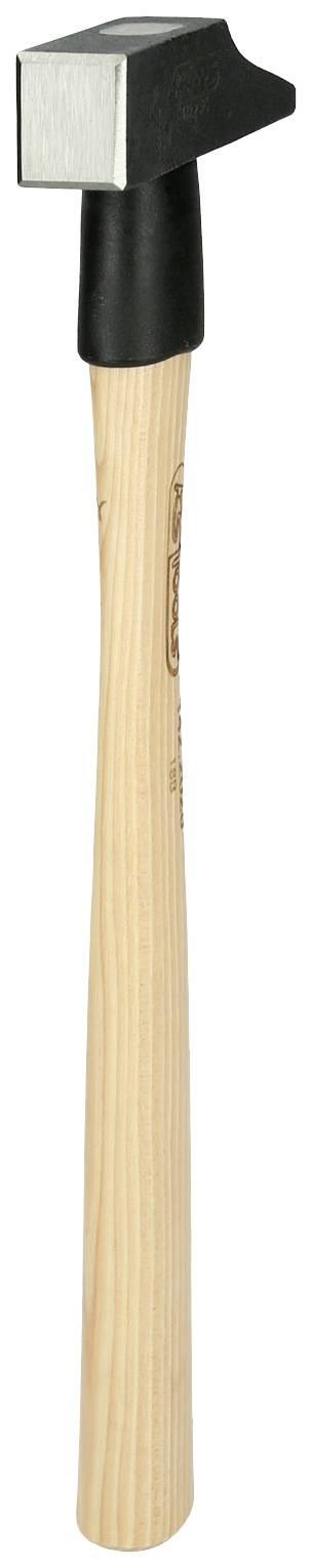 Hammer mit Holzstiel und schwarzem Kopf, aufrecht stehend. Werkzeuggeneralansicht, geeignet für allgemeine Handwerksarbeiten.