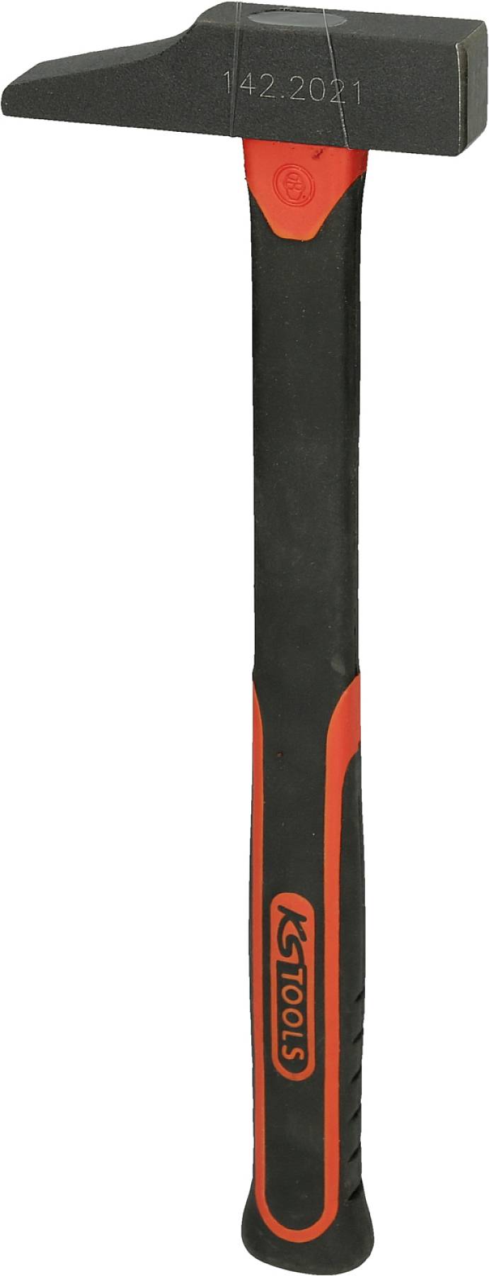 Rot-schwarzer Hammer mit flachem Kopf und langem Griff.