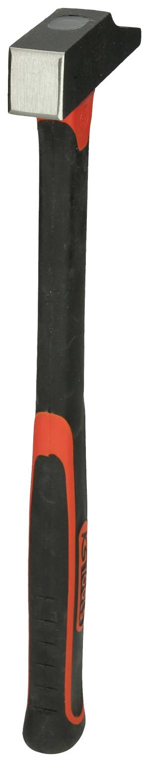 Ein schwarzer Hammer mit rotem Griff, geeignet für Bauarbeiten. Der Kopf ist flach und quadratisch, ideal zum Einschlagen von Nägeln.