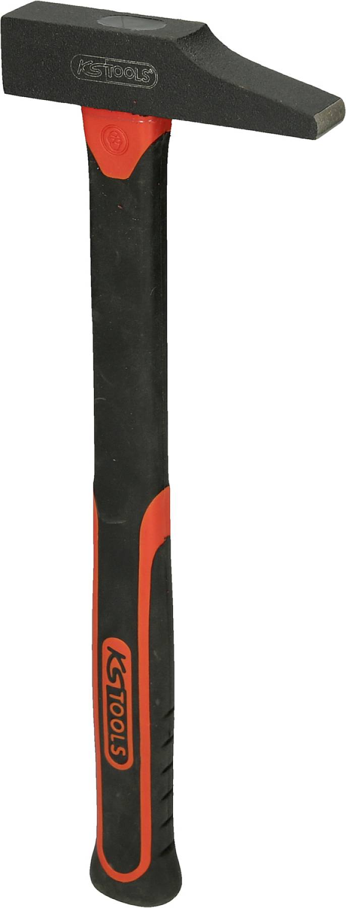 Ein schwarzer und roter Schlosserhammer mit einem rechteckigen Kopf und rutschfestem Griff. Fehlt andere Objekte oder Hintergrund.