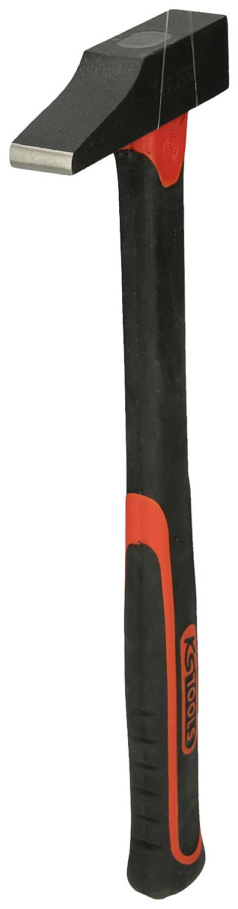 Ein schwarzer Hammer mit rotem Griff, geeignet für Bau- oder Heimwerkerarbeiten. Der Kopf ist flach und aus Metall.