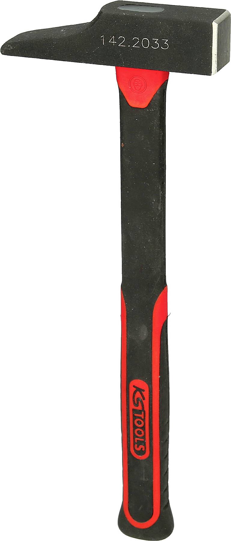 Ein schwarzer Hammer mit rotem Griff und der Aufschrift '142.2033' auf dem Kopf. Marke 'KS Tools'.