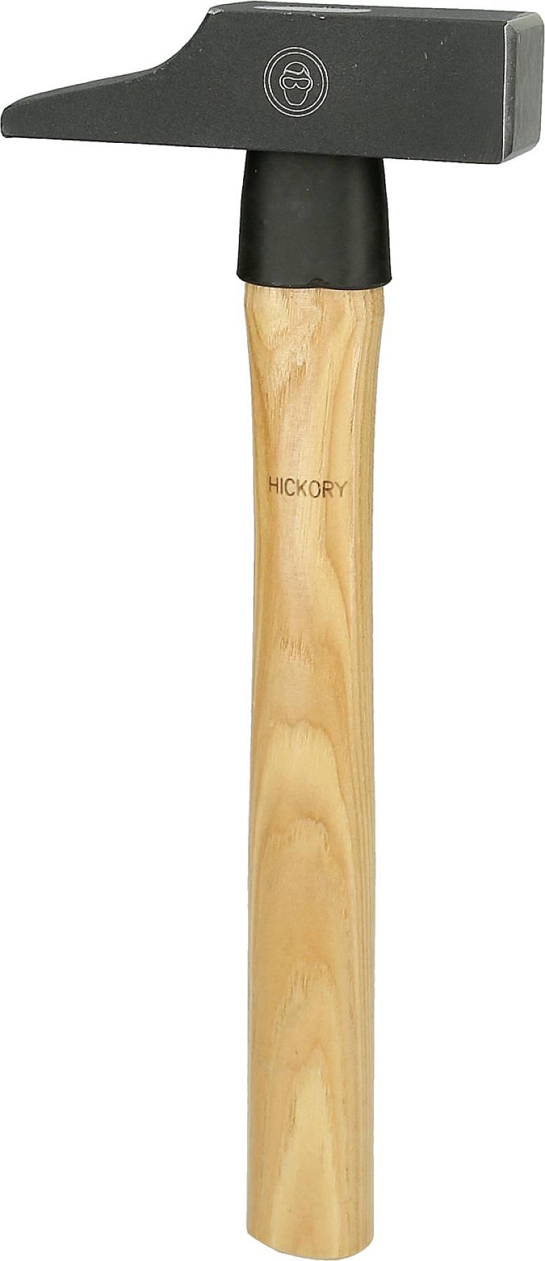Hammer mit schwarzem Kopf und hölzernem Hickory-Griff. Der Kopf hat eine flache und eine spitze Seite, geeignet für allgemeine Bauarbeiten.