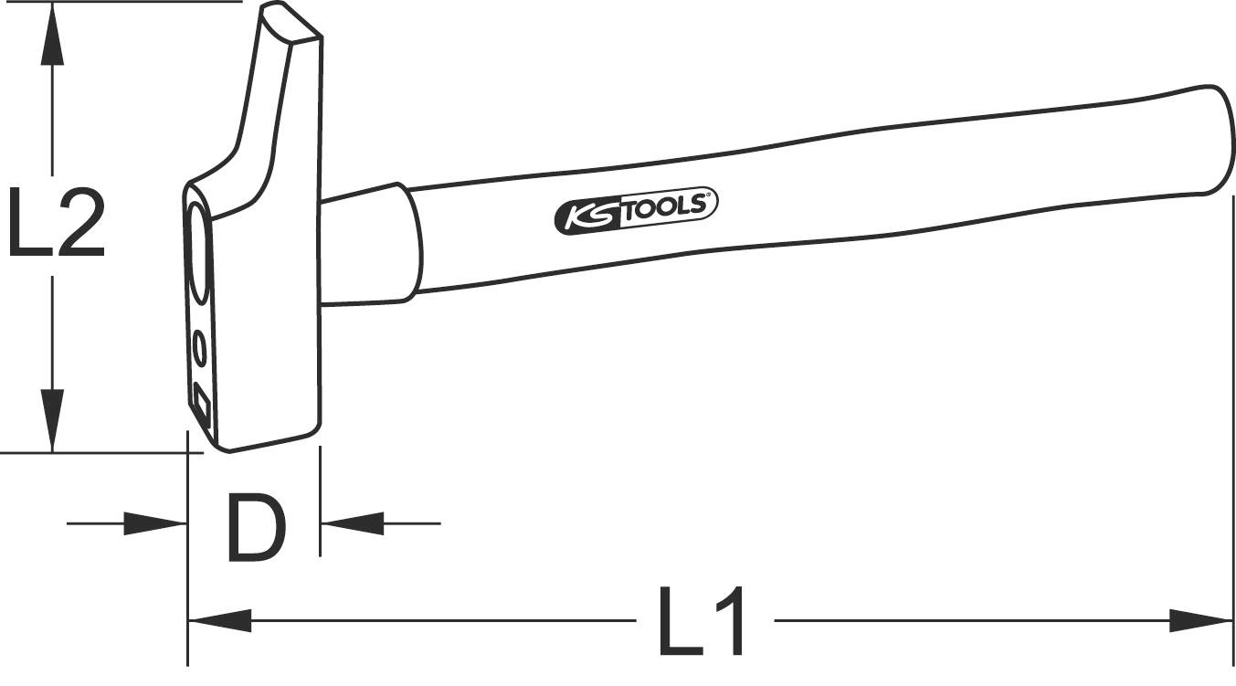 Abbildung eines Hammers mit gekennzeichneten Maßen: Länge L1, Kopfbreite L2, Kopfhöhe D. Logo von KS Tools auf dem Griff.
