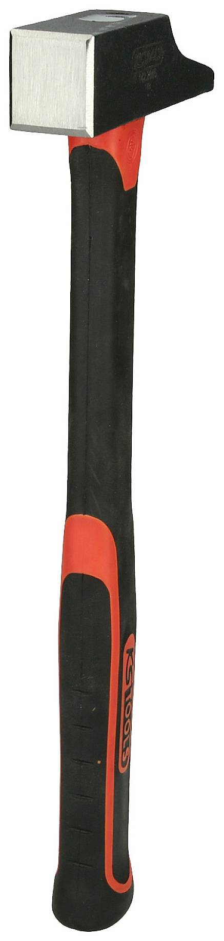 Hammer mit rotem und schwarzem Griff, Kopf aus Metall. Geeignet für Bau- und Reparaturarbeiten.