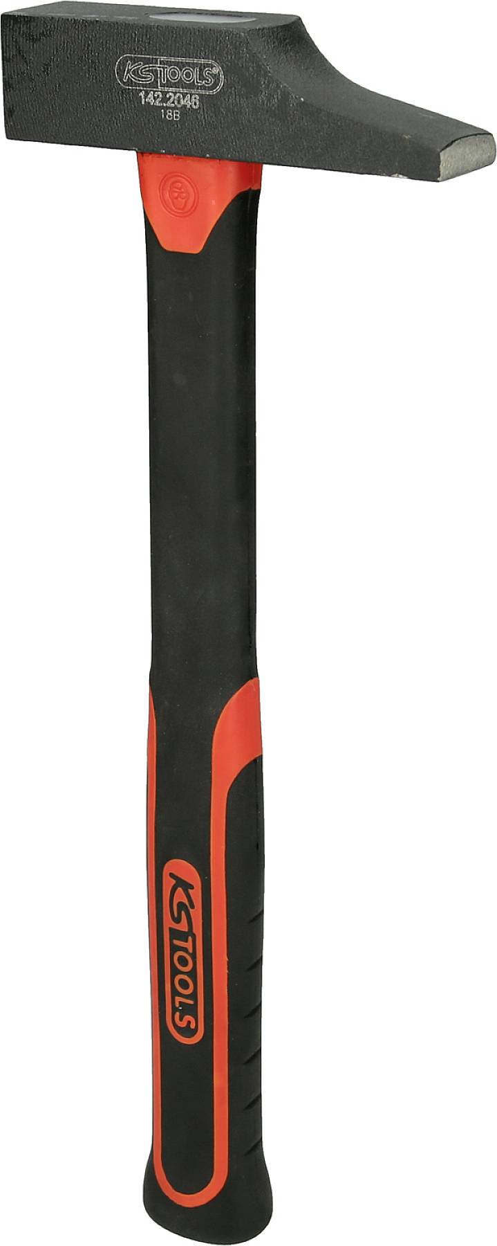 Ein schwarzer Hammer mit rotem Griff und der Aufschrift 'KS Tools' auf dem Griff und Kopf.