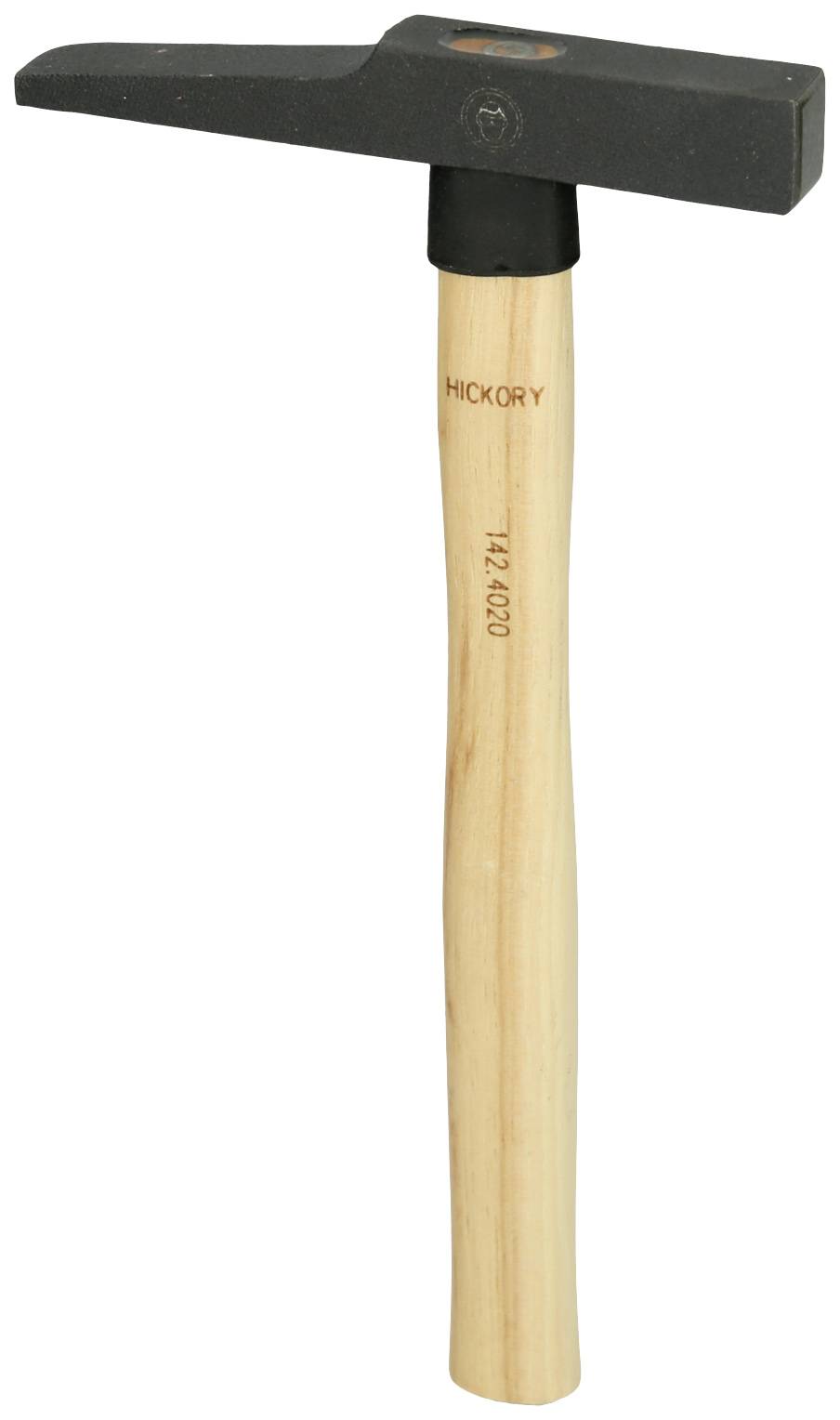 Ein Geologenhammer mit einem schwarzen, flachen Kopf und einem Holzgriff. Der Griff ist aus Hickory-Holz.