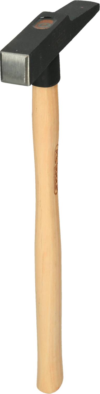 Ein Hammer mit Holzstiel und Metallkopf, geeignet für handwerkliche Arbeiten. Der Hammer hat eine rechteckige Schlagfläche.