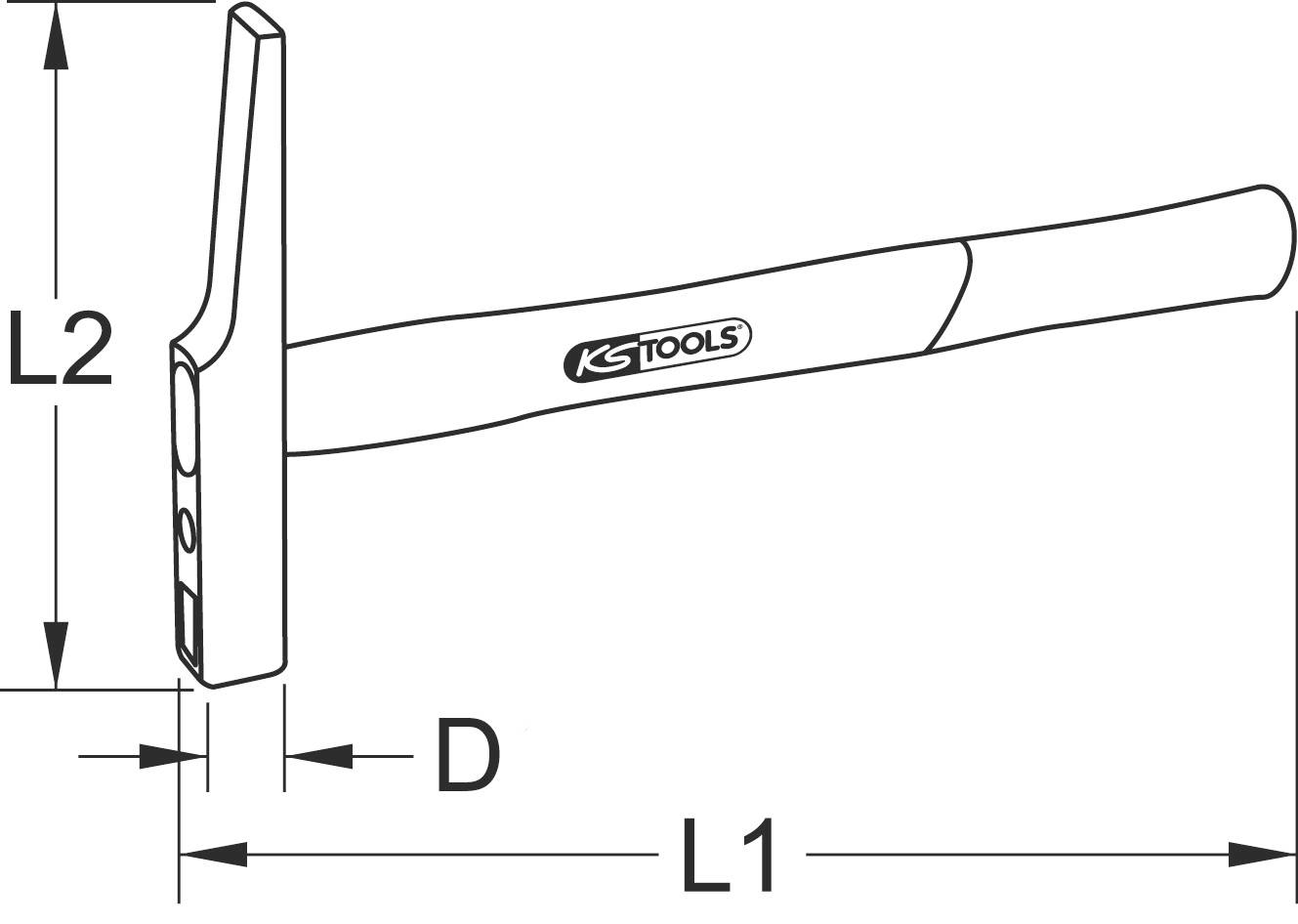 Abbildung eines Hammers mit detaillierten Maßangaben. Text auf dem Hammer: 'KS Tools'.
