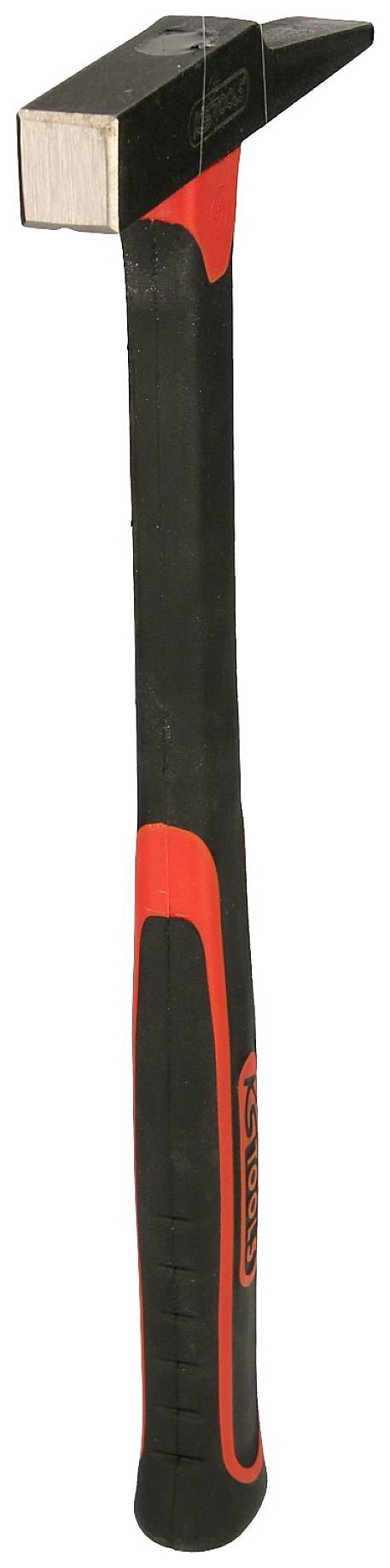 Schwarzer Hammer mit rotem Griff, quadratischem Kopf und flacher Schlagfläche, geeignet für allgemeine Bauarbeiten.