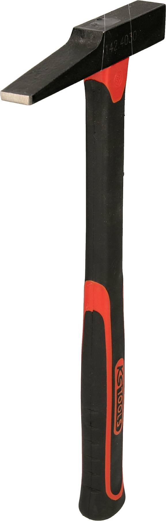 Ein schwarzer und roter Hammer mit flachem Kopf und rutschfestem Griff, geeignet für präzise Arbeiten im Handwerk.