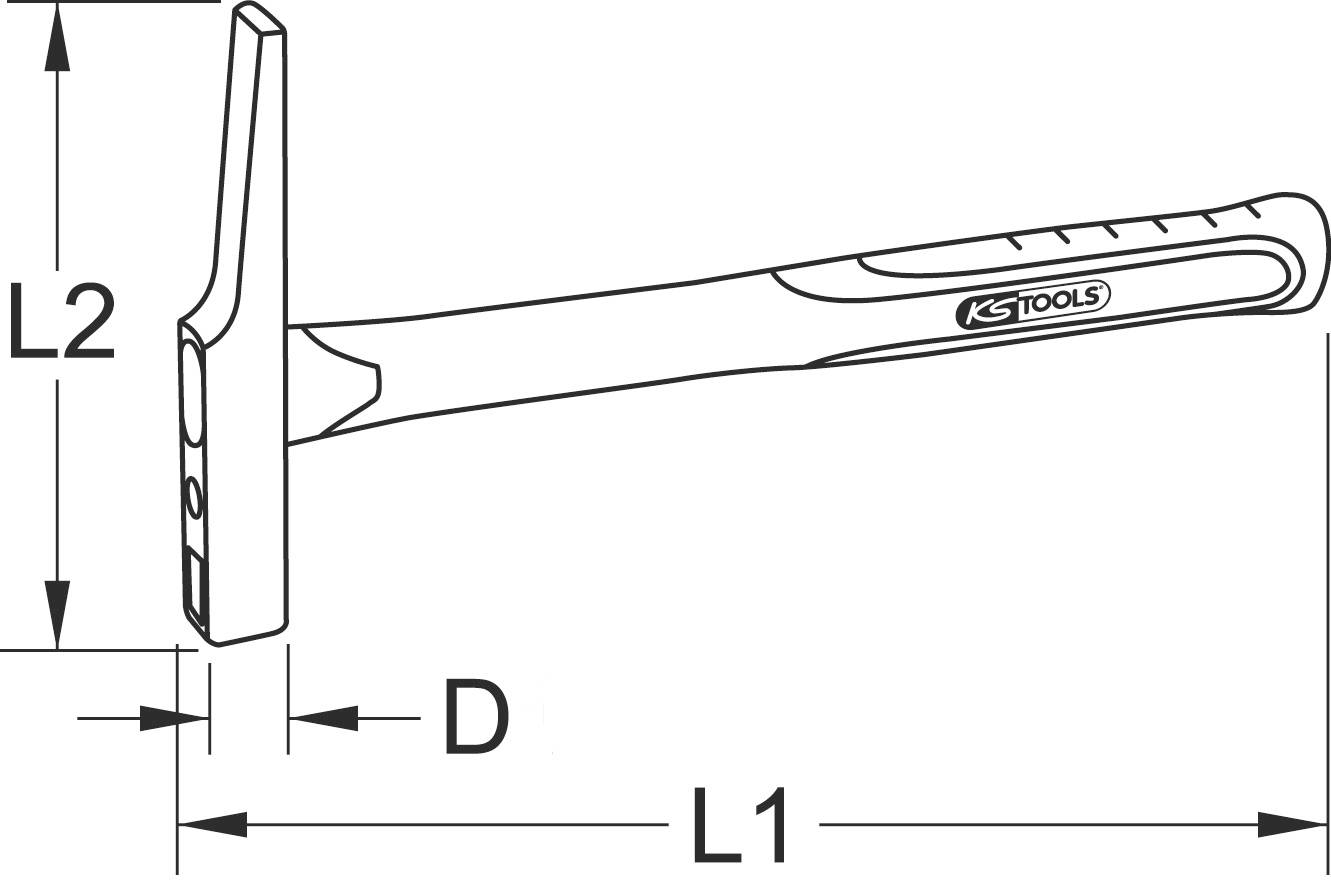 Zeichnung eines Hammers mit Abmessungen L1, L2 und D. Griff mit 'KS Tools'-Logo, flacher Kopf.