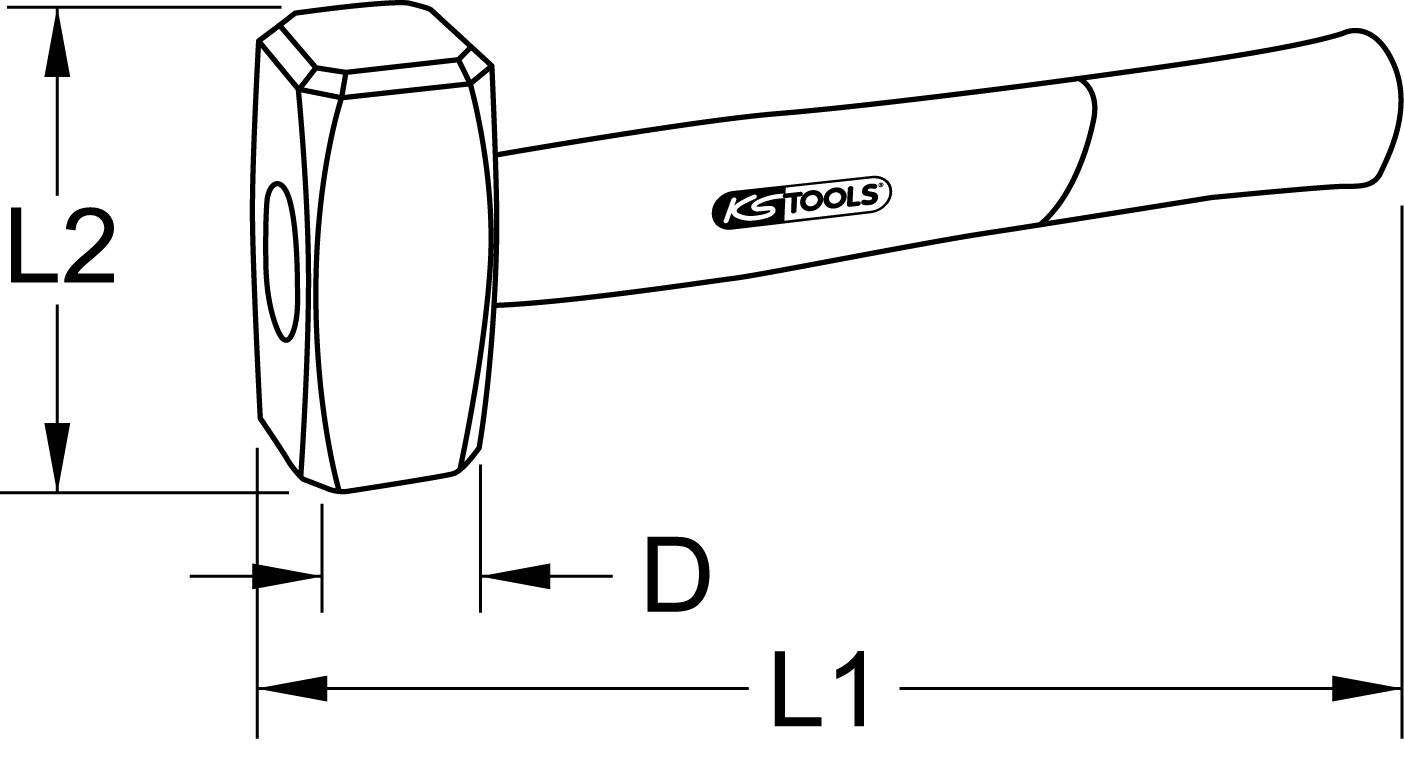 Illustration eines Hammers mit Maßangaben: L1 ist die Länge des Griffs, L2 ist die Breite des Hammerkopfs, D ist die Tiefe.