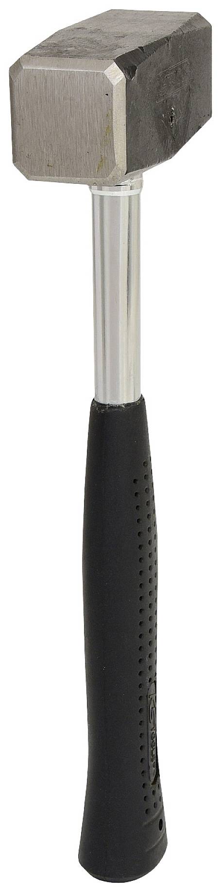 Ein Hammer mit schwarzem Griff und silbernem Kopf, vertikal positioniert.