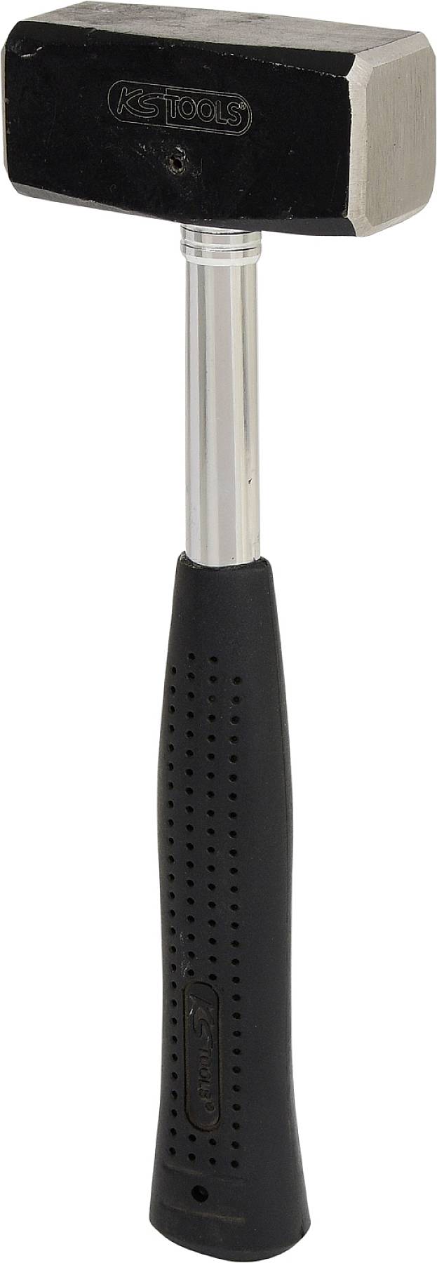 Ein Metallhammer mit schwarzem Kopf und schwarzem Gummigriff. Geeignet für schwere Arbeiten im Bau oder Handwerk.