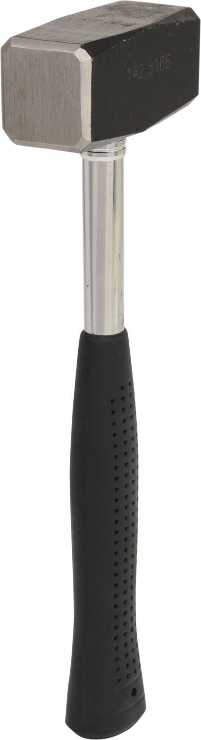 Ein schwarzer Hammer mit silbernem Metallkopf und schwarzem Griff, stehend aufrecht auf der Kopfseite.