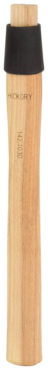 Ein Holzhammergriff aus Hickory mit einem schwarzen Gummikragen oben. Der Griff hat eine geschwungene Form für besseren Halt.