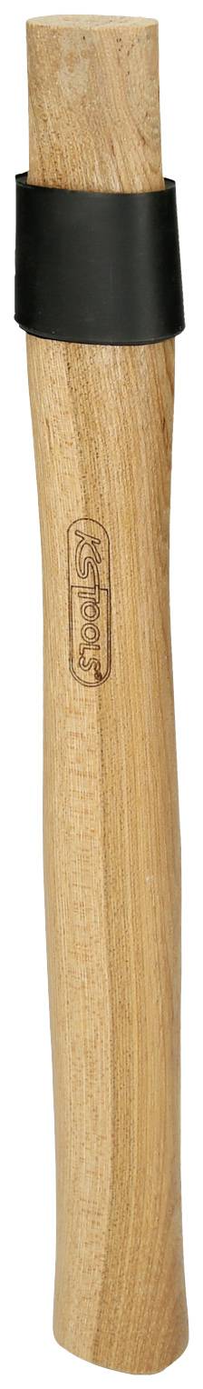 Holzgriff eines Werkzeugs mit schwarzer Kunststoffkappe.