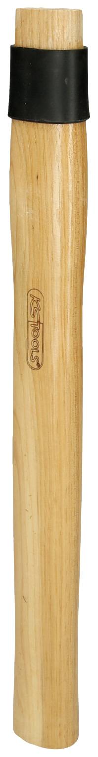 Holzgriff eines Werkzeugs, oben mit schwarzem Metallring verstärkt.