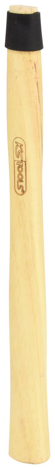 Ein hölzerner Axtstiel mit einer schwarzen Gummikappe am oberen Ende, geeignet als Ersatzgriff für Werkzeuge.