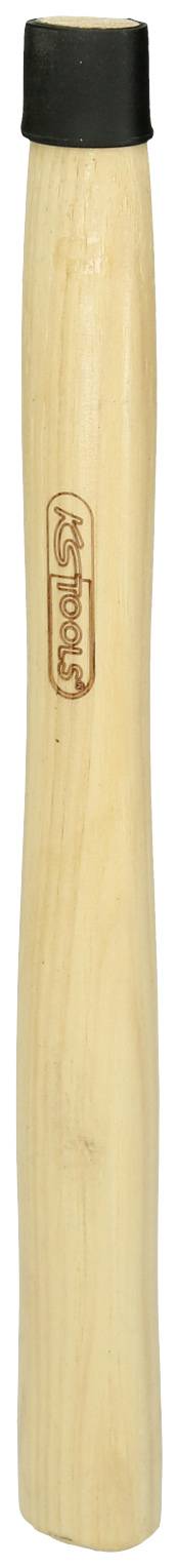 Ein hölzerner Hammerstiel mit einem schwarzen Gummikopf oben. Die Holzoberfläche ist glatt und der Stiel hat eine gravierte Markierung.