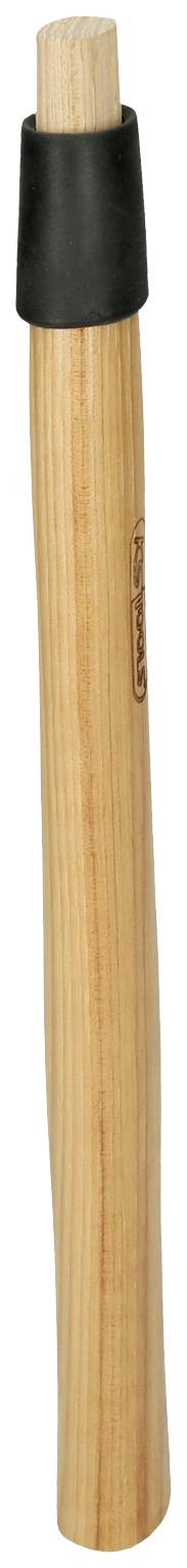 Holzgriff eines Werkzeugs, möglicherweise eines Hammers, mit einer schwarzen Lederkappe am oberen Ende.
